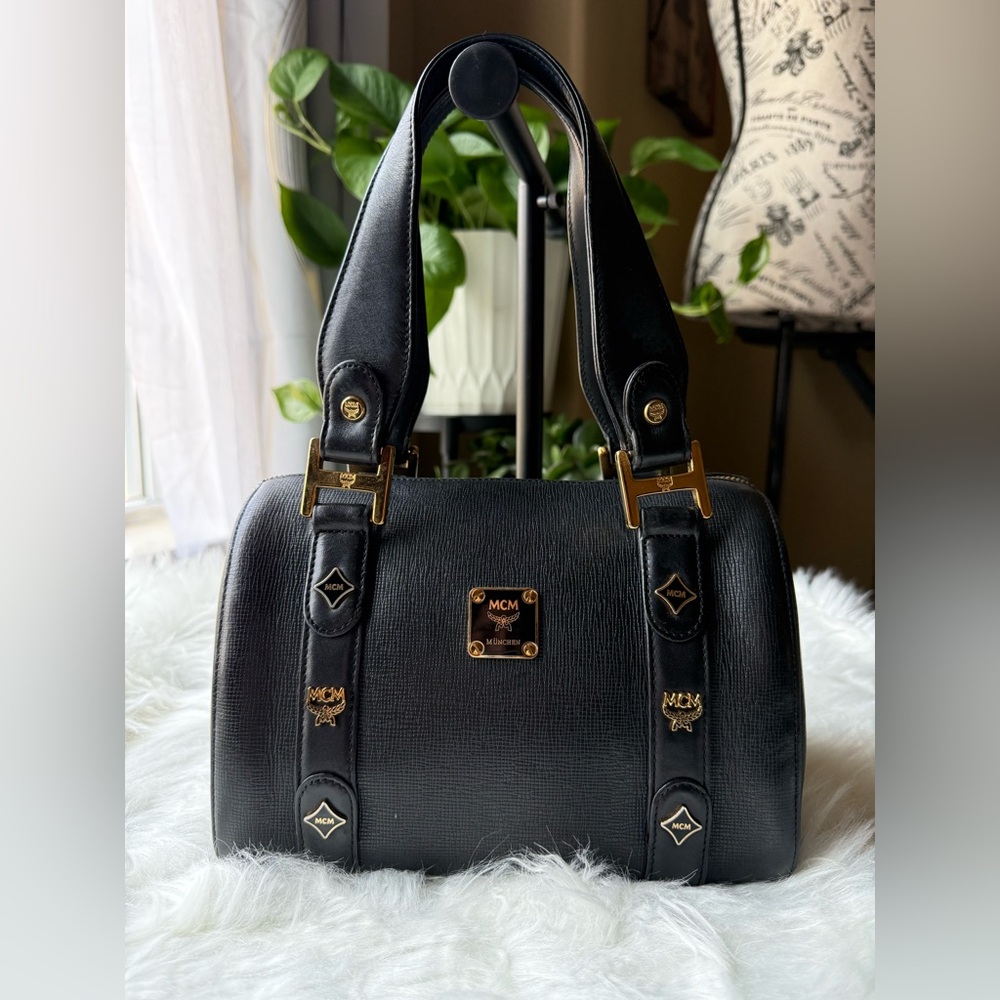 MCM Black Small Boston with Gold Accents